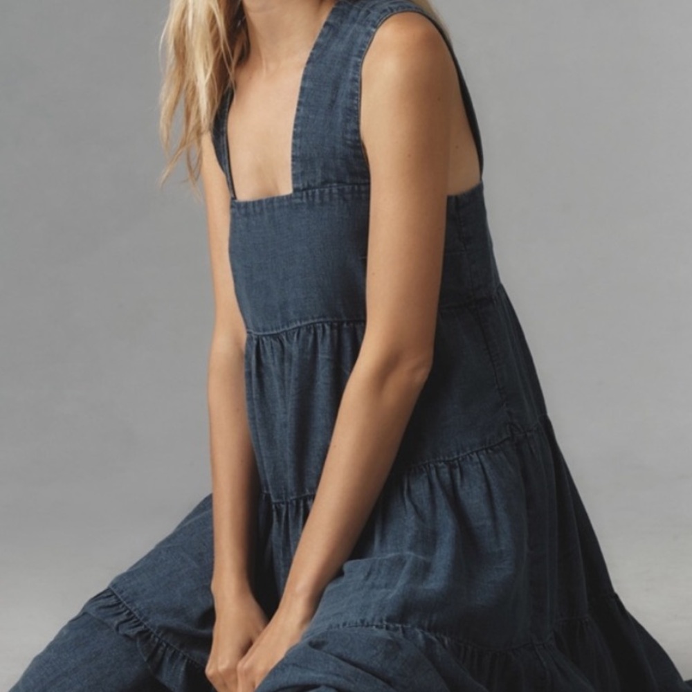 Anthropologie Helena Square Neck Tiered Midi Dress Smocked Denim Blue M - Picture 4 of 15